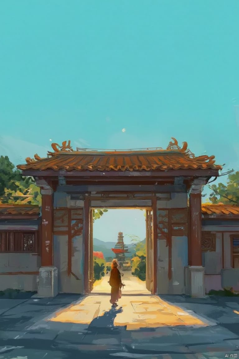 An intricate Chinese gate with curved roofs and ornate carvings is set against a serene blue sky. The warm golden light of late afternoon sun casts long shadows across the intricately paved courtyard, accentuating the delicate latticework and grand archways. A majestic pagoda rises in the background, its multi-tiered levels disappearing into the misty mountainside. Ahii's tranquil gaze is directed towards the heavens as he stands before the gate, his robes rustling softly in the gentle breeze., AHii,jijie