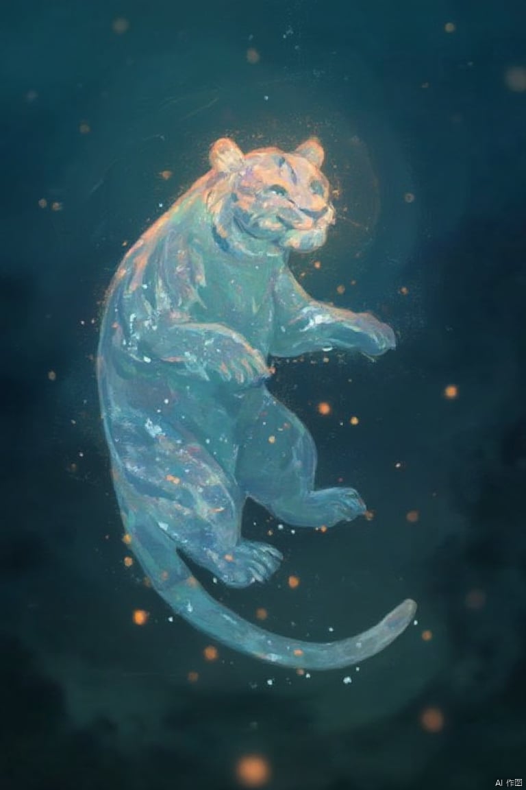 (a giant fantasy ([stool|tiger]) creature), supernatural energy, glowing, small and transparent, releasing a shimmering light, like an underwater light