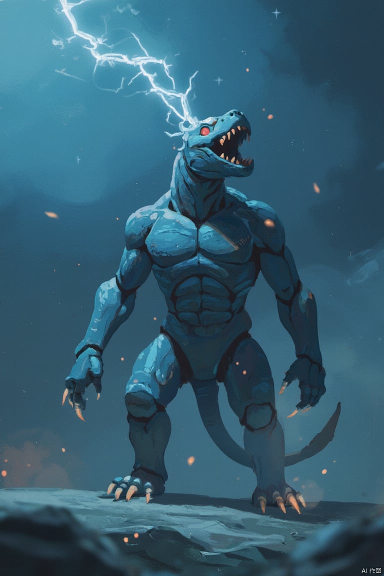 Its skin is blue-black, and its muscles seem to move with thunderous force. Its fangs are sharp and sharp, flashing with cold light, making people shudder. When it emits a deafening roar, the whole world seems to be shaking., robot, loong, zkeleton