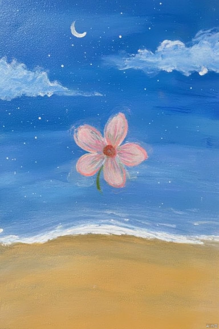 Healing_Painting,flower,oil painting,(rabbit,sky,cloud,moon),beach,mountain,