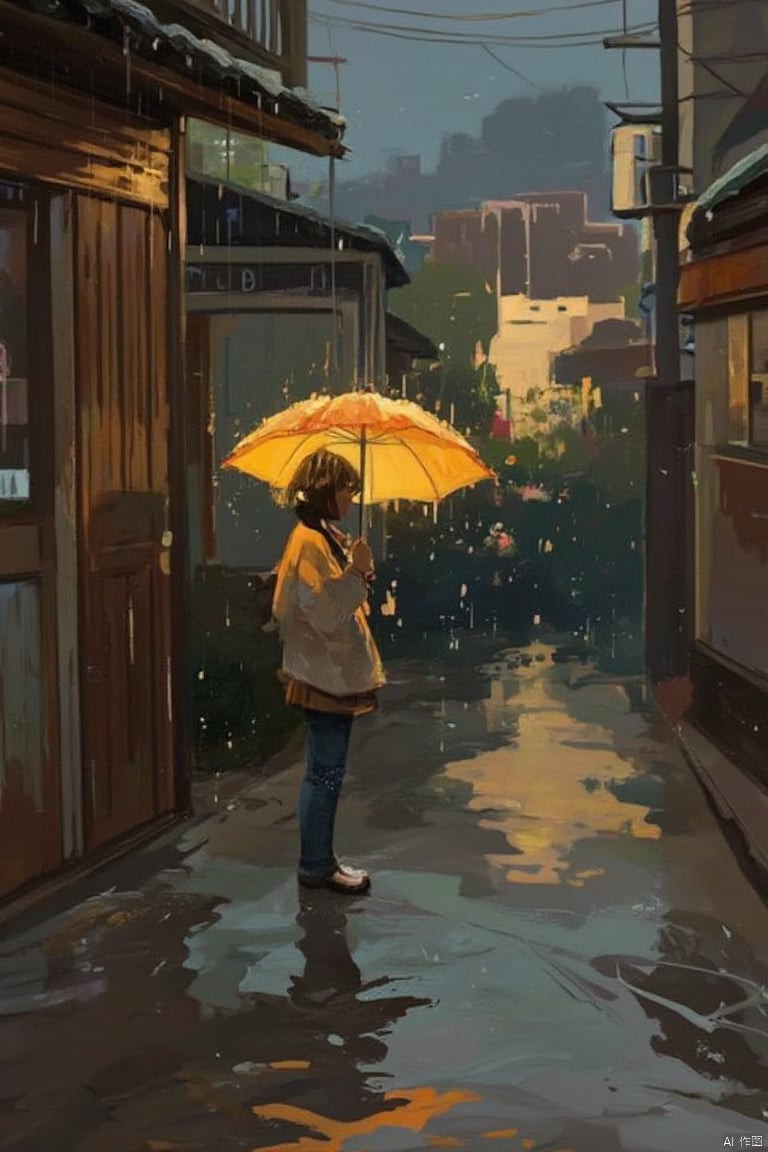 A young girl stands alone on a rain-soaked street, her bright yellow umbrella struggling to keep pace with the relentless downpour. The camera captures her profile, eyes cast downward as she gazes at the wet pavement. Soft focus and warm lighting evoke a sense of melancholy, while the vibrant colors of the umbrella provide a pop of contrast against the somber atmosphere.