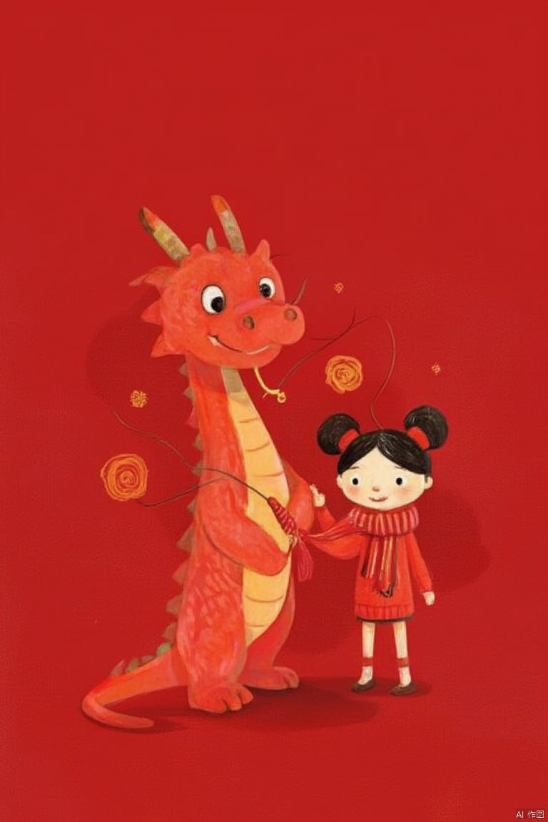  A cute and humanized red Chinese dragon and a Chinese little girl, in Pixar style, both wearing human red sweaters and tying a red woolen scarf around their necks, performing the same congratulatory gesture. The red background is very festive, with Chinese elements, welcoming the new year. 32k

