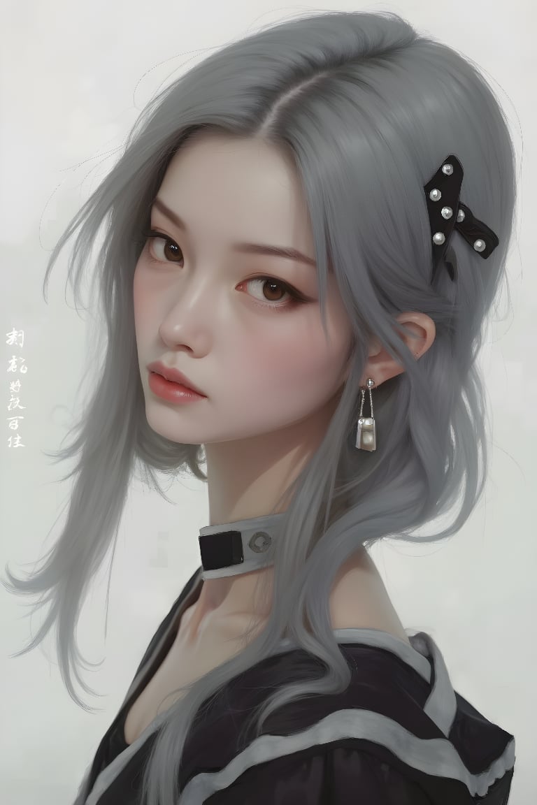 1girl, solo, upper body, grey hair, lips, traditional media, realistic,傳統與現代