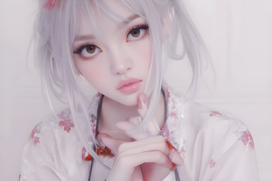 1girl, solo, upper body, grey hair, lips, traditional media, realistic,傳統與現代