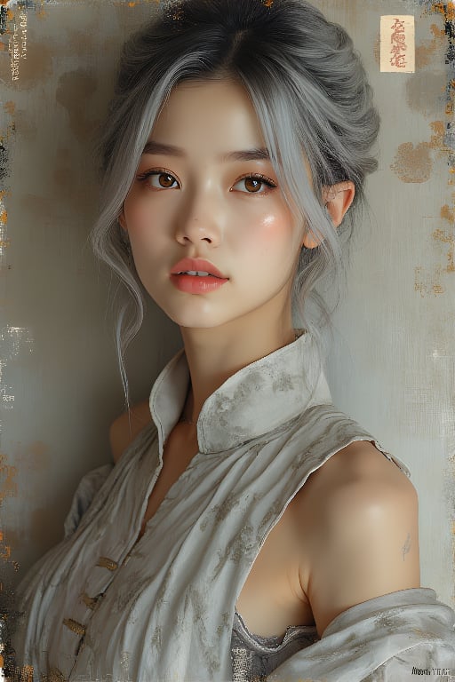 1girl, solo, upper body, grey hair, lips, traditional media, realistic,傳統與現代