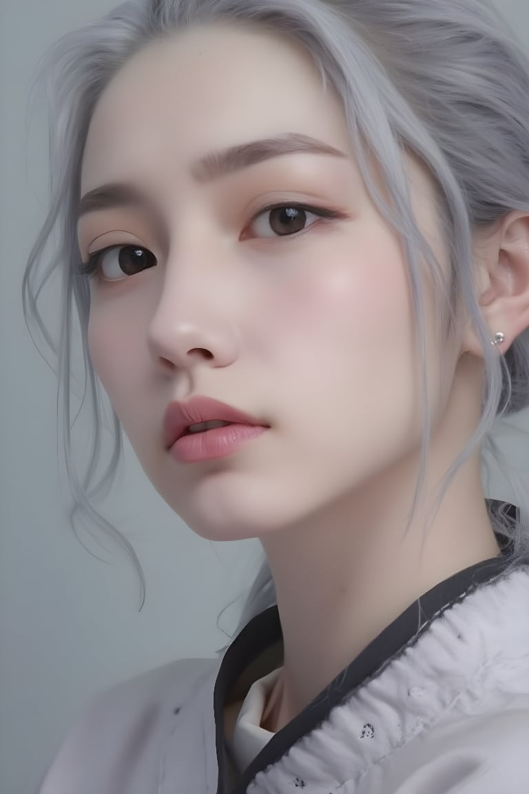 1girl, solo, upper body, grey hair, lips, traditional media, realistic,傳統與現代