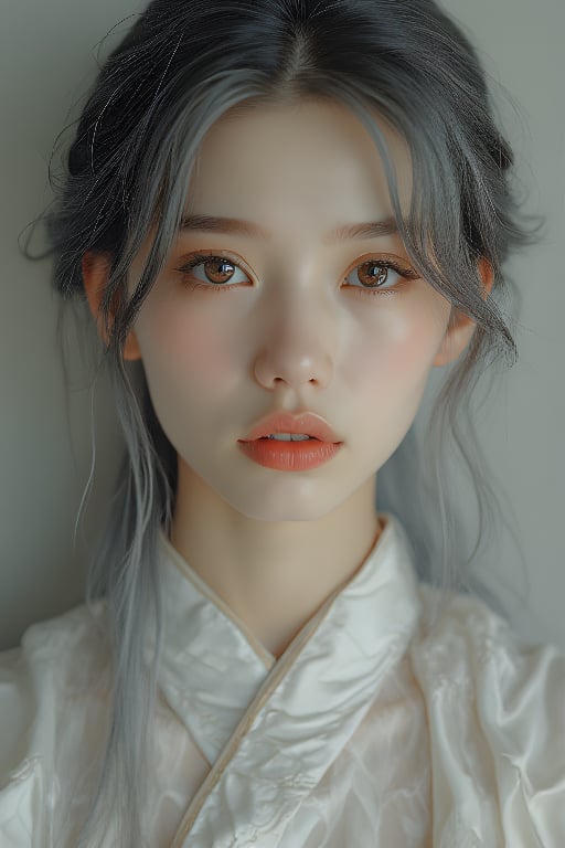 1girl, solo, upper body, grey hair, lips, traditional media, realistic,傳統與現代