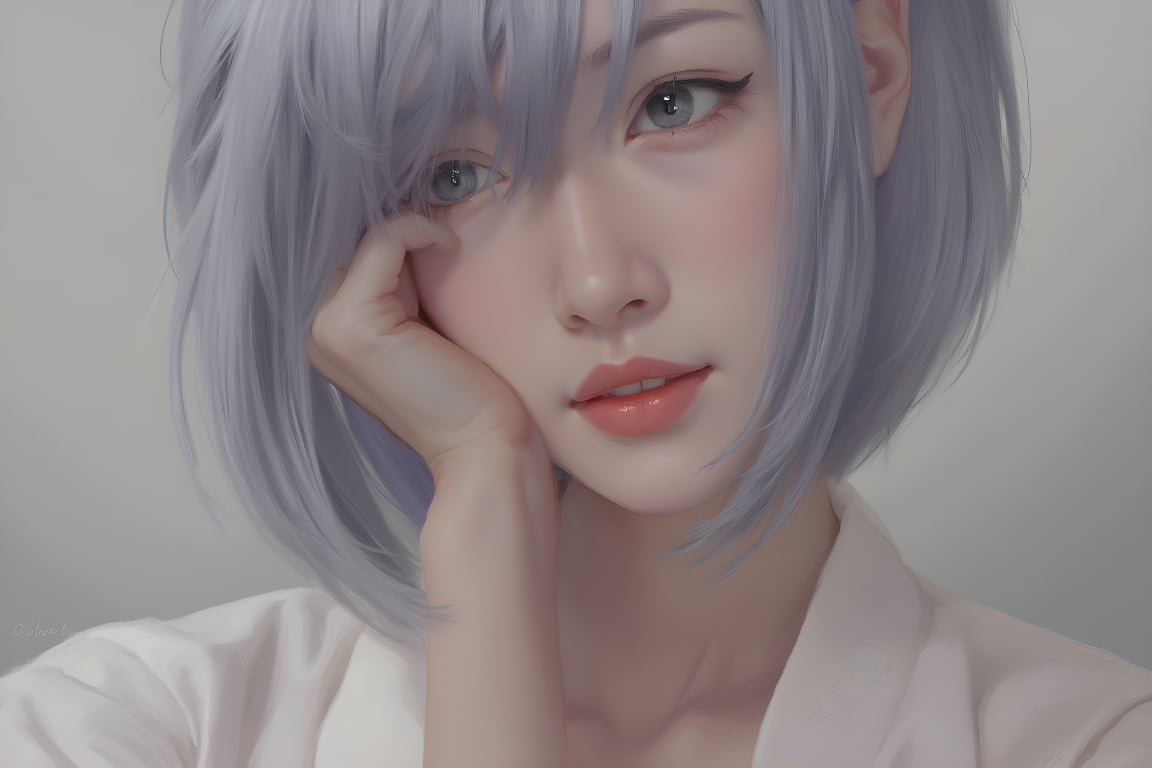 1girl, solo, upper body, grey hair, lips, traditional media, realistic,傳統與現代