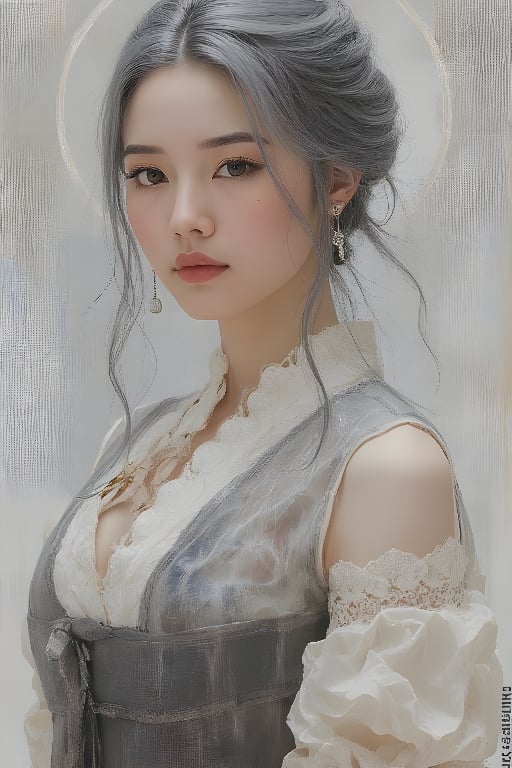 1girl, solo, upper body, grey hair, lips, traditional media, realistic,傳統與現代