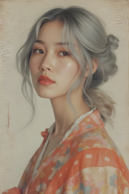 1girl, solo, upper body, grey hair, lips, traditional media, realistic,傳統與現代