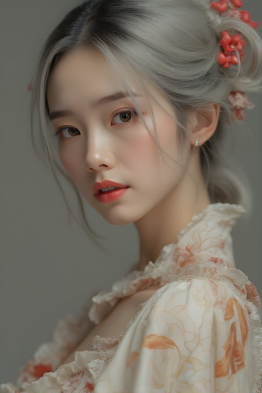 1girl, solo, upper body, grey hair, lips, traditional media, realistic,傳統與現代