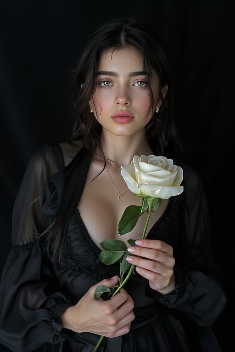 ((masterpiece, best quality)),best aesthetic,1girl, solo, long hair, black dress, flower, ribbon, black background, black hair, rose, hair ribbon, green eyes, long sleeves, white rose, closed mouth, black ribbon, upper body, cinematic lighting