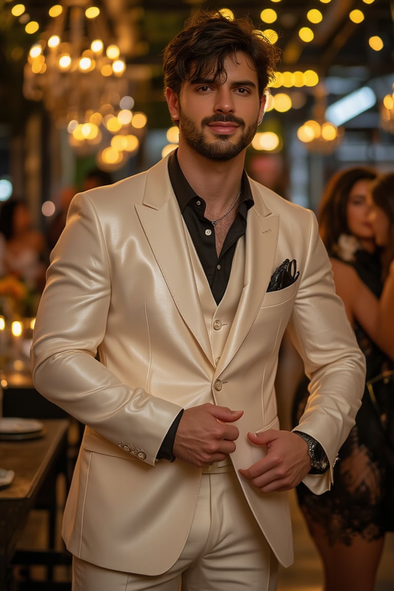 A lavish party setting with a darkened background and soft golden lighting, casting a warm glow on the joyful atmosphere. A stunning handsome man stands out, radiating confidence and charm, dressed to impress in a gleaming white suit that catches the eye. His bright smile and relaxed pose exude happiness, as he seems to be embracing the celebration's lively energy. and girl happy in dress black with el man