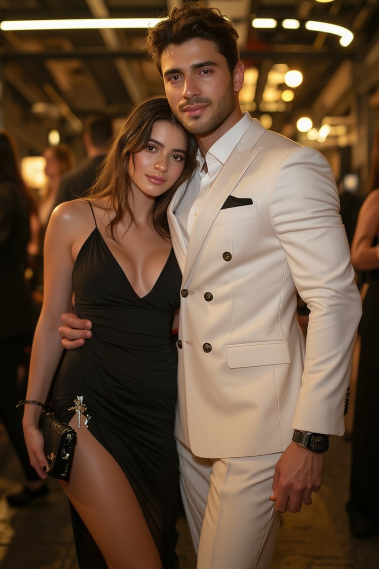 A lavish party setting with a darkened background and soft golden lighting, casting a warm glow on the joyful atmosphere. A stunning handsome man stands out, radiating confidence and charm, dressed to impress in a gleaming white suit that catches the eye. His bright smile and relaxed pose exude happiness, as he seems to be embracing the celebration's lively energy. and girl happy in dress black with el man