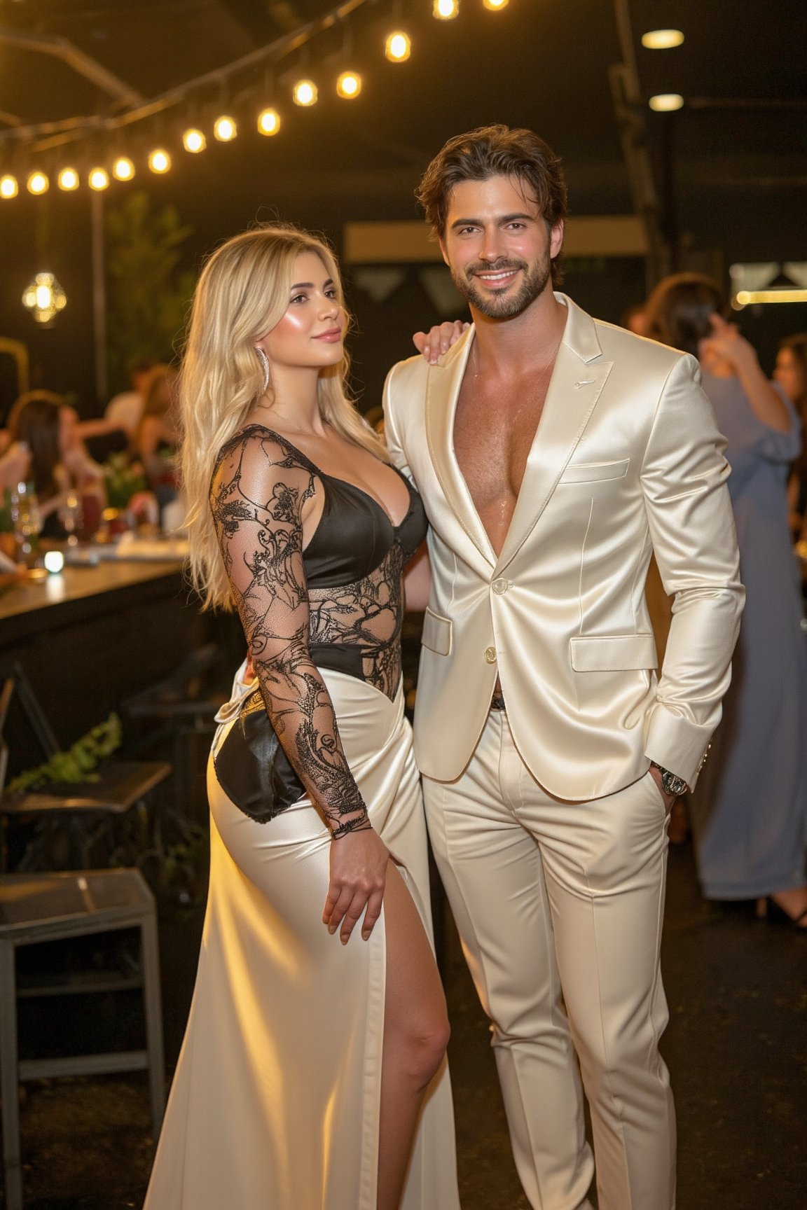 A lavish party setting with a darkened background and soft golden lighting, casting a warm glow on the joyful atmosphere. A stunning handsome man stands out, radiating confidence and charm, dressed to impress in a gleaming white suit that catches the eye. His bright smile and relaxed pose exude happiness, as he seems to be embracing the celebration's lively energy. and girl happy in dress black with el man