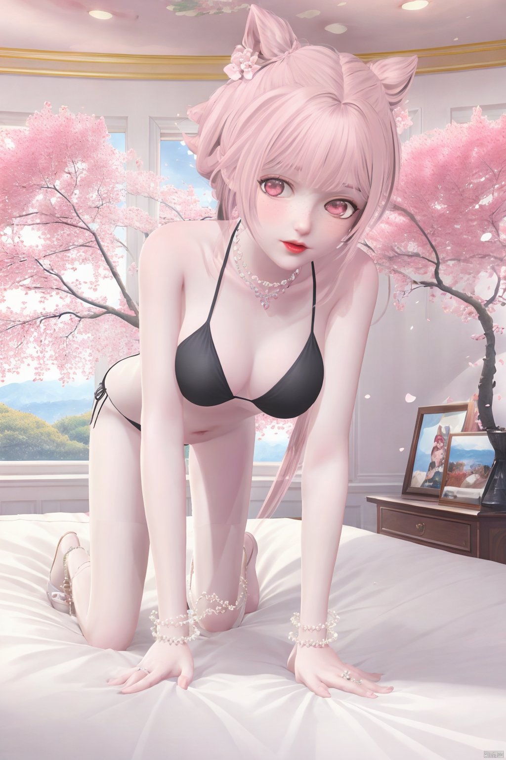 masterpiece, masterpiece,best quality,official art,extremely detailed CG unity 8k wallpaper, best quality,1girl,solo,long hair,breasts,navel,jewelry,swimsuit,pink hair,bikini,pink eyes,necklace,black bikini,sandals,cherry blossoms,all_fours,(all fours:1.3),bed,(bed,Indoor,:1.3)