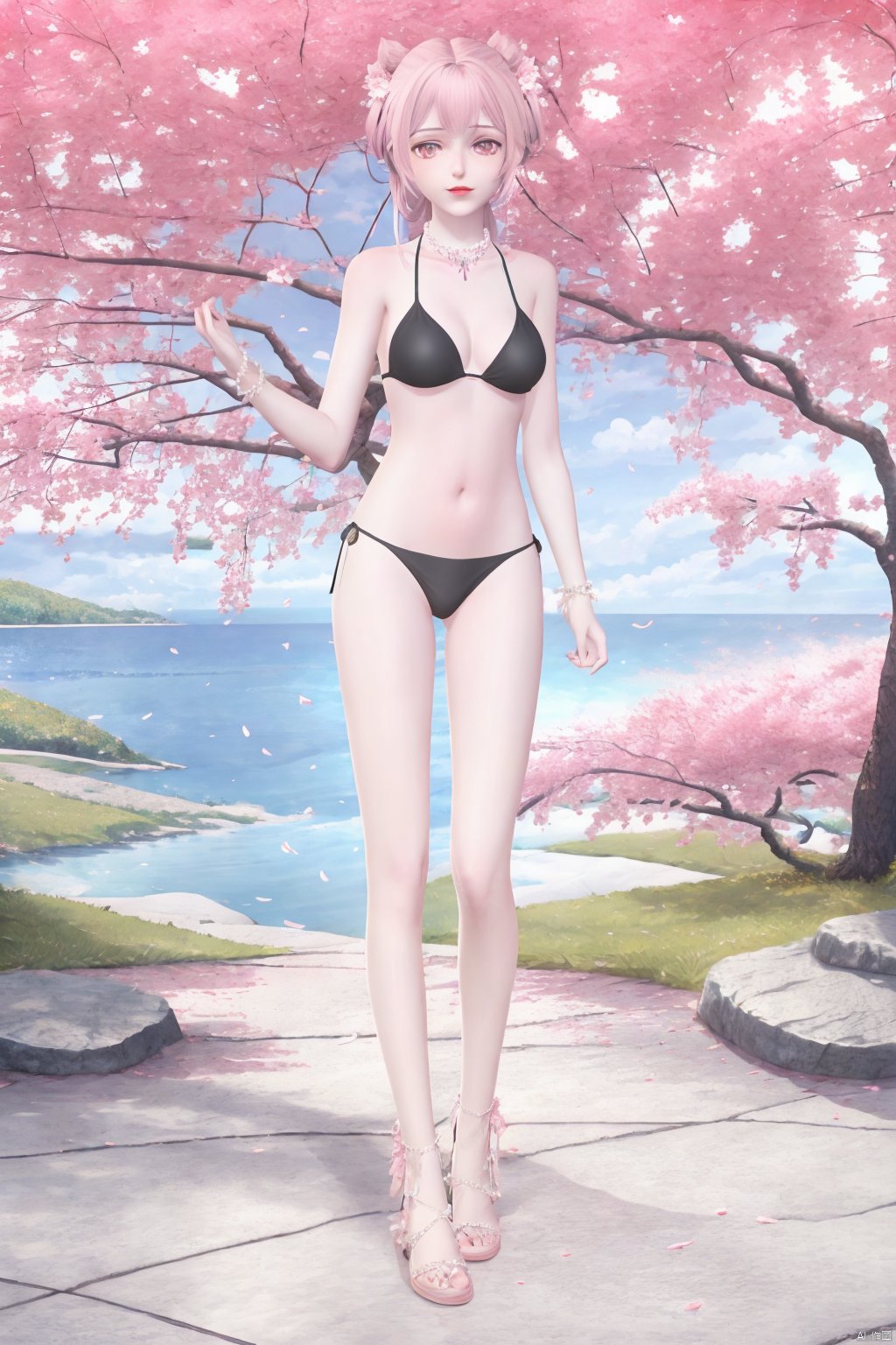 masterpiece, masterpiece,best quality,official art,extremely detailed CG unity 8k wallpaper, best quality,1girl,solo,long hair,breasts,navel,jewelry,swimsuit,pink hair,bikini,pink eyes,necklace,tree,black bikini,sandals,cherry blossoms,all_fours,