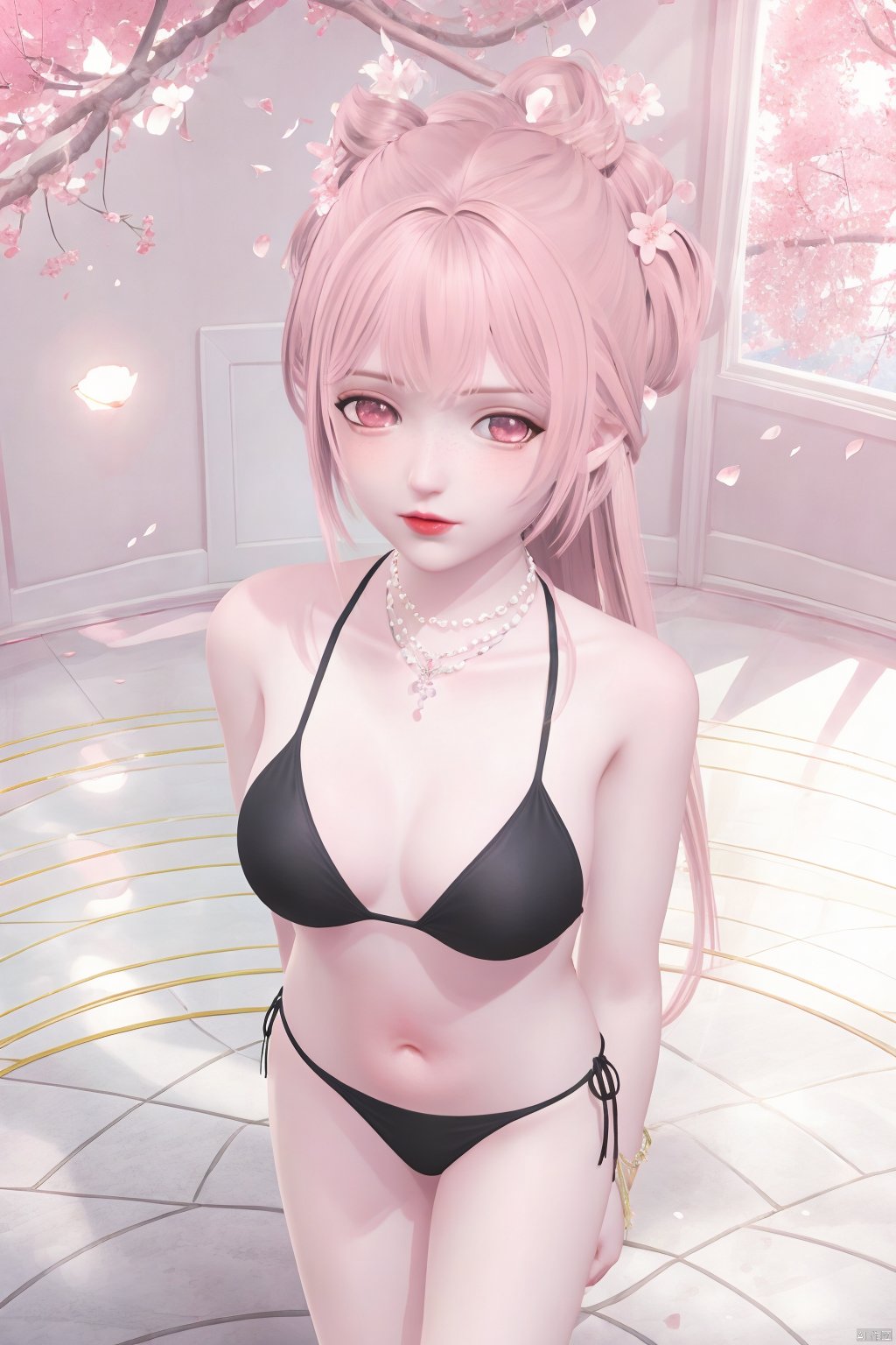 masterpiece, masterpiece,best quality,official art,extremely detailed CG unity 8k wallpaper, best quality,1girl,solo,long hair,breasts,navel,jewelry,swimsuit,pink hair,bikini,pink eyes,necklace,black bikini,cherry blossoms,(Indoor,:1.3),portrait,(portrait:1.3),very long hair,from above