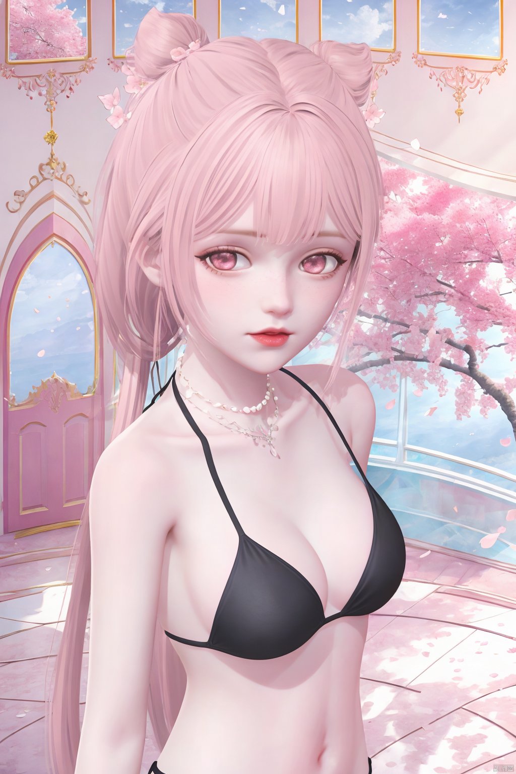 masterpiece, masterpiece,best quality,official art,extremely detailed CG unity 8k wallpaper, best quality,1girl,solo,long hair,breasts,navel,jewelry,swimsuit,pink hair,bikini,pink eyes,necklace,black bikini,cherry blossoms,(Indoor,:1.3),portrait,(portrait:1.3),very long hair,from above