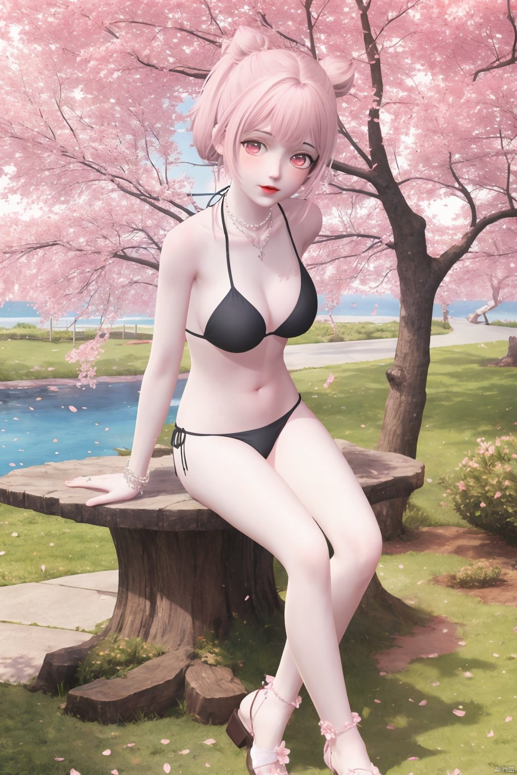 masterpiece, masterpiece,best quality,official art,extremely detailed CG unity 8k wallpaper, best quality,1girl,solo,long hair,breasts,navel,jewelry,swimsuit,pink hair,bikini,pink eyes,necklace,tree,black bikini,sandals,cherry blossoms,all_fours,