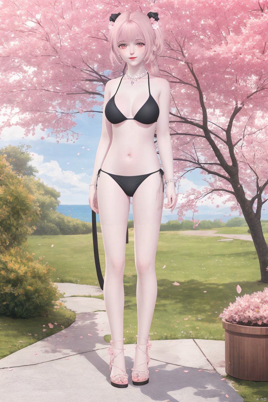 masterpiece, masterpiece,best quality,official art,extremely detailed CG unity 8k wallpaper, best quality,1girl,solo,long hair,breasts,navel,jewelry,swimsuit,pink hair,bikini,pink eyes,necklace,tree,black bikini,sandals,cherry blossoms,all_fours,