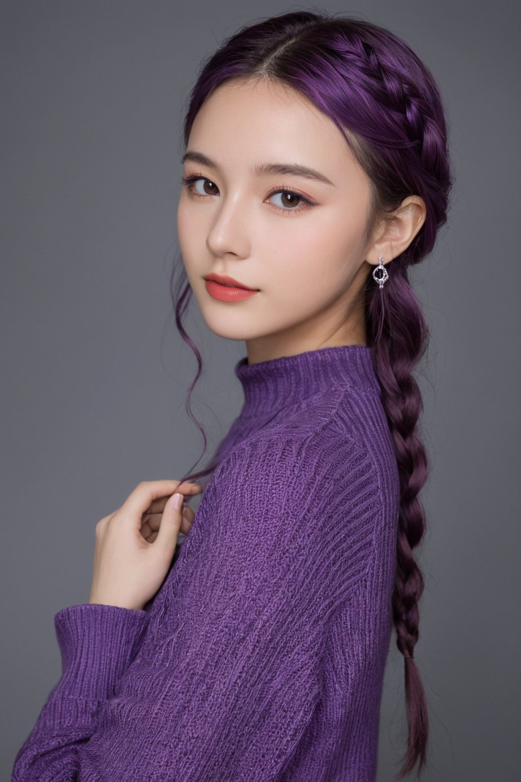 A photorealistic full-body portrait of a stunning 21yo hubggirl with perfect hands. She wears a vibrant purple sweater and double braids adorned with tiny earrings. Her shoulder-length purple hair is styled in intricate braids that cascade down her back. Her eyes are a deep, rich purple, framed by thick eyelashes and subtle makeup. A bold red lip color adds a pop of brightness to the overall gradient background, which transitions seamlessly from pink to purple. The subject's gaze is direct, with a hint of sassiness as she wears a trendy hat and sports a confident smile. Shut up, indeed!