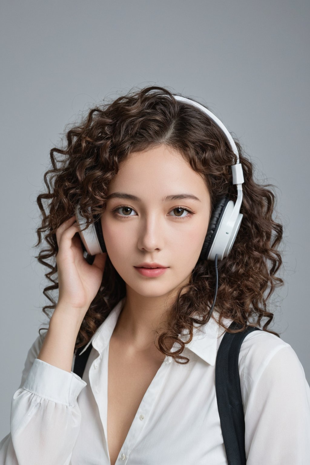 photorealistic,portrait of hubggirl, 
Stylish and modern fashion photography featuring a woman with curly hair, wearing headphones around her neck