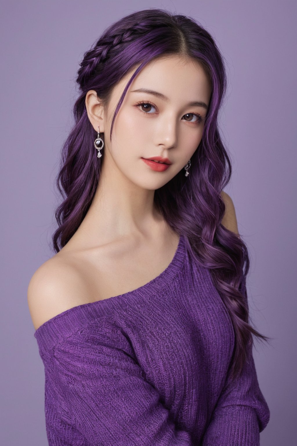 A photorealistic full-body portrait of a stunning hubggirl with perfect hands. She wears a vibrant purple sweater and double braids adorned with tiny earrings. Her shoulder-length purple hair is styled in intricate braids that cascade down her back. Her eyes are a deep, rich purple, framed by thick eyelashes and subtle makeup. A bold red lip color adds a pop of brightness to the overall gradient background, which transitions seamlessly from pink to purple. The subject's gaze is direct, with a hint of sassiness as she wears a trendy hat and sports a confident smile. Shut up, indeed!