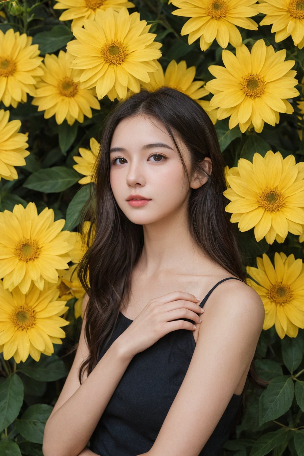 photorealistic,portrait of hubggirl, 
A young woman with dark hair and striking eyes, posing thoughtfully in front of a vibrant yellow flower backdrop." - Hapa Kristin's Instagram caption suggestion for this photo.