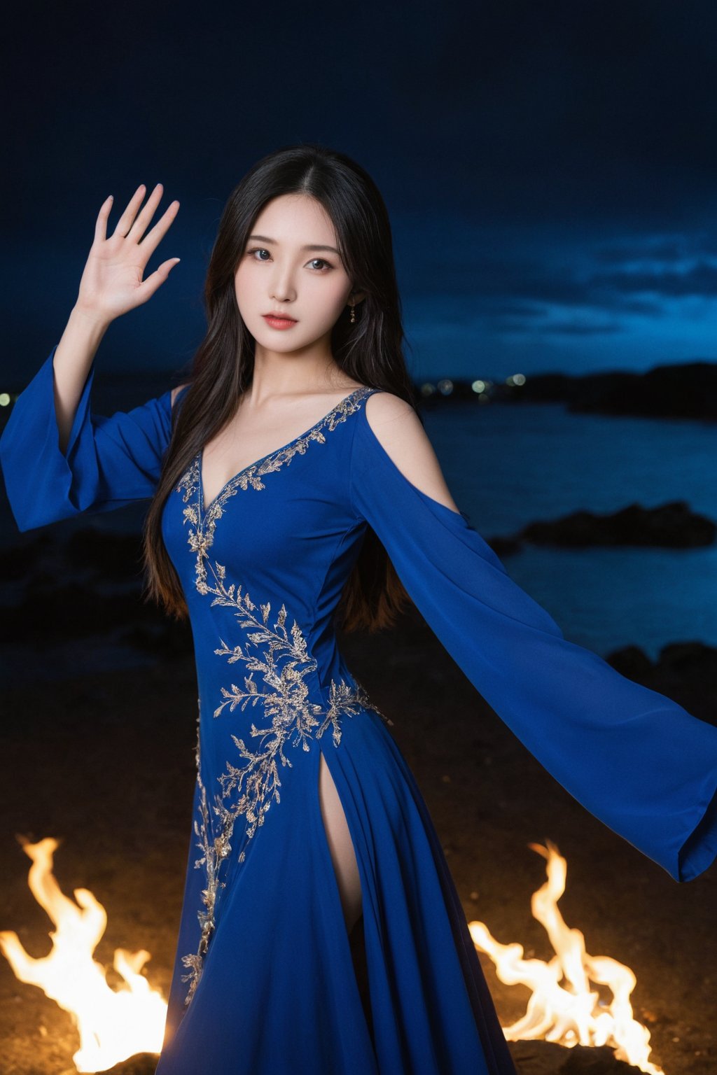 A photorealistic portrait of the enigmatic Hubggirl: A young Oriental beauty stands resolute, her long black hair adorned with intricate accessories, against a dark and mysterious background. Her piercing blue eyes bore into the soul as she assumes a powerful push pose, arms outstretched and palms open. A stunning royal blue, long-sleeved dress flows around her like a river of night. Fiery blue energy bursts forth from between her palms, arcing through the air in swift succession before dissipating, set against a dark and enigmatic backdrop.