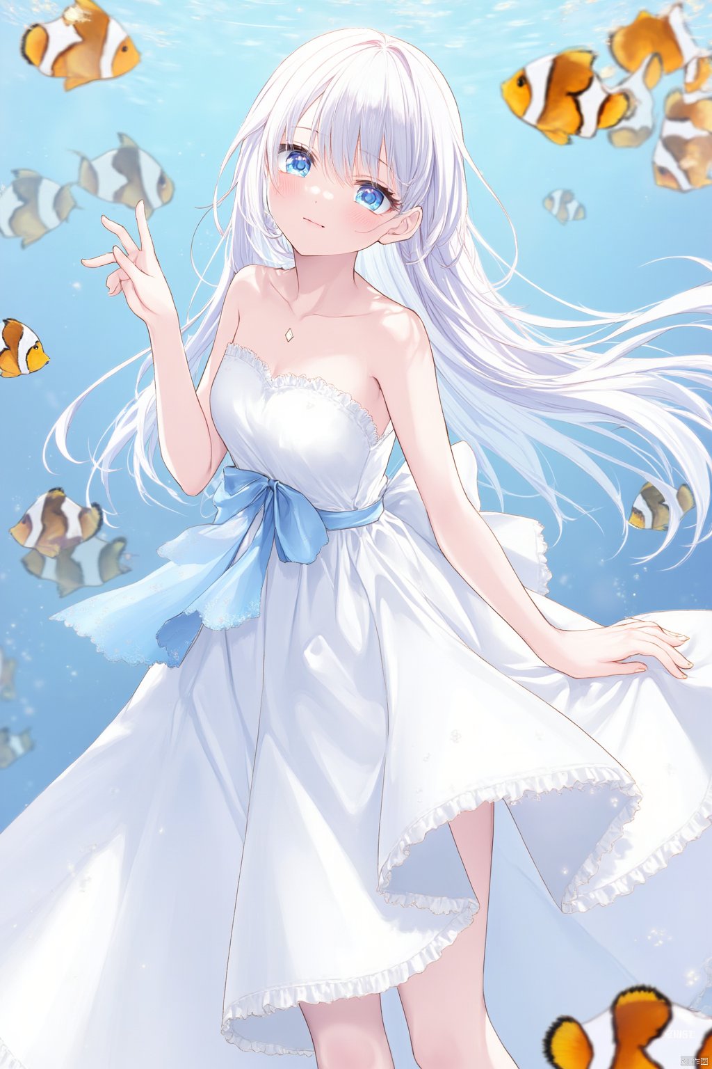 The image is an illustration of a young girl with long white hair and blue eyes. She is wearing a white strapless dress with a blue ribbon tied around her waist. The dress has a sweetheart neckline and is cinched at the waist with a small bow. The girl is standing in front of a blue background with a group of orange and white clownfish swimming around her. Her hair is styled in loose waves and she is looking off to the side with a peaceful expression on her face. The overall mood of the image is serene and dreamy.