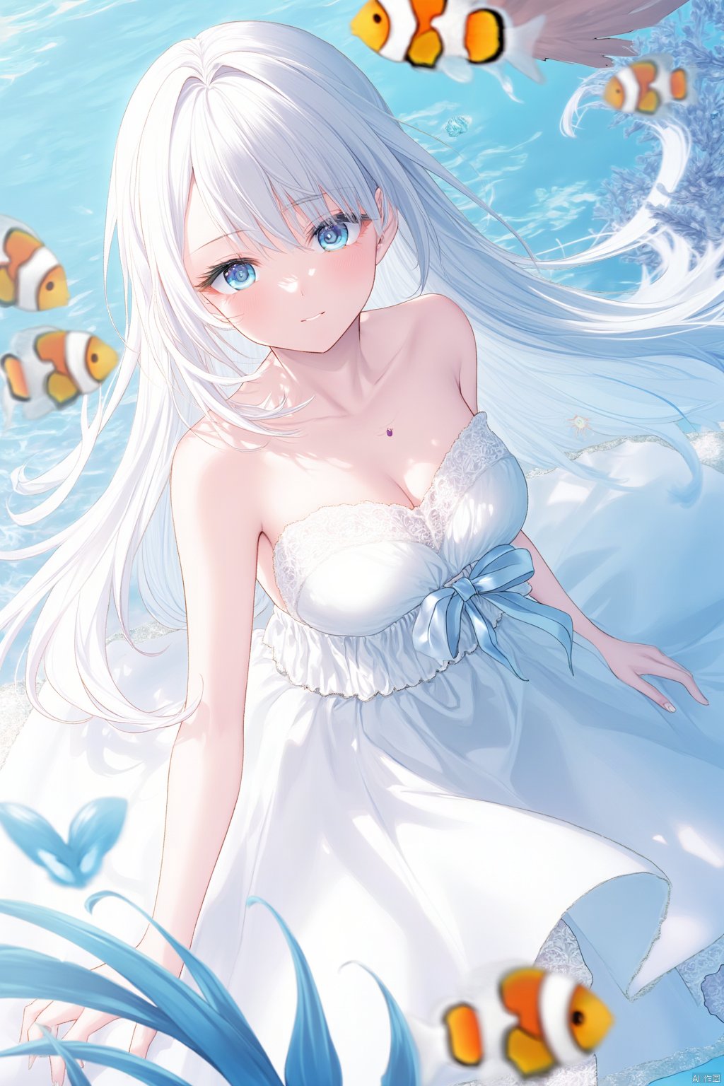 The image is an illustration of a young girl with long white hair and blue eyes. She is wearing a white strapless dress with a blue ribbon tied around her waist. The dress has a sweetheart neckline and is cinched at the waist with a small bow. The girl is standing in front of a blue background with a group of orange and white clownfish swimming around her. Her hair is styled in loose waves and she is looking off to the side with a peaceful expression on her face. The overall mood of the image is serene and dreamy.