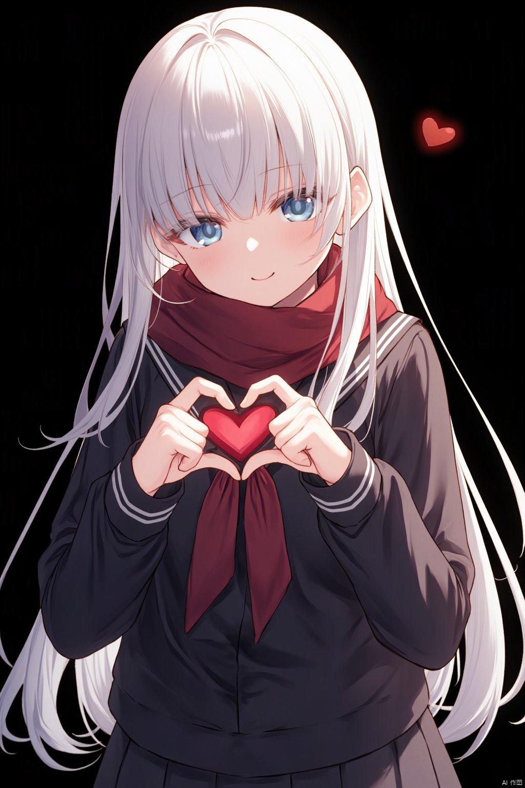 The image is an illustration of a young girl with long white hair and blue eyes. She is wearing a black school uniform with a red scarf around her neck. The girl is holding a small red heart in her hands and is making a heart shape with her fingers. The background is black, making the girl and the heart stand out. The overall mood of the image is peaceful and serene.