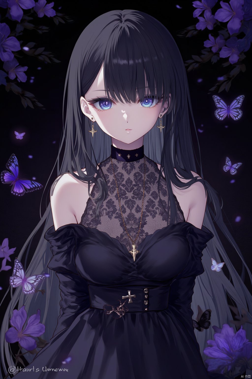 The image is an illustration of a young woman with long black hair and blue eyes. She is wearing a black dress with a lace bodice and a black choker necklace. Her hair is styled in loose waves and cascades over her shoulders. She has a pair of earrings and a necklace with a pendant. The background is dark and there are several purple flowers and butterflies scattered around her. The overall mood of the image is mysterious and ethereal.