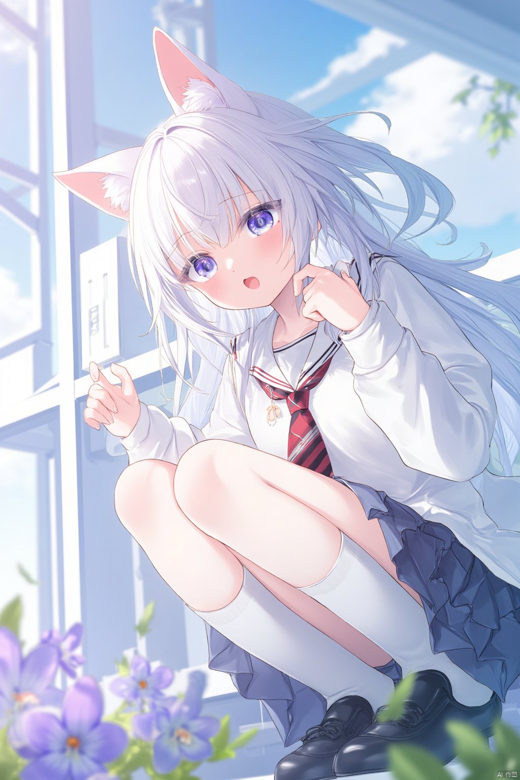 The image is an illustration of a young girl with long white hair and cat ears on her head. She is wearing a white school uniform with a red and black striped tie and a white blouse. She has a pair of black shoes on her feet and is sitting on a window sill with her legs crossed. The girl is looking off to the side with a thoughtful expression on her face. The background is a blue sky with white clouds and there are purple flowers and green leaves scattered around. The overall mood of the image is peaceful and serene.