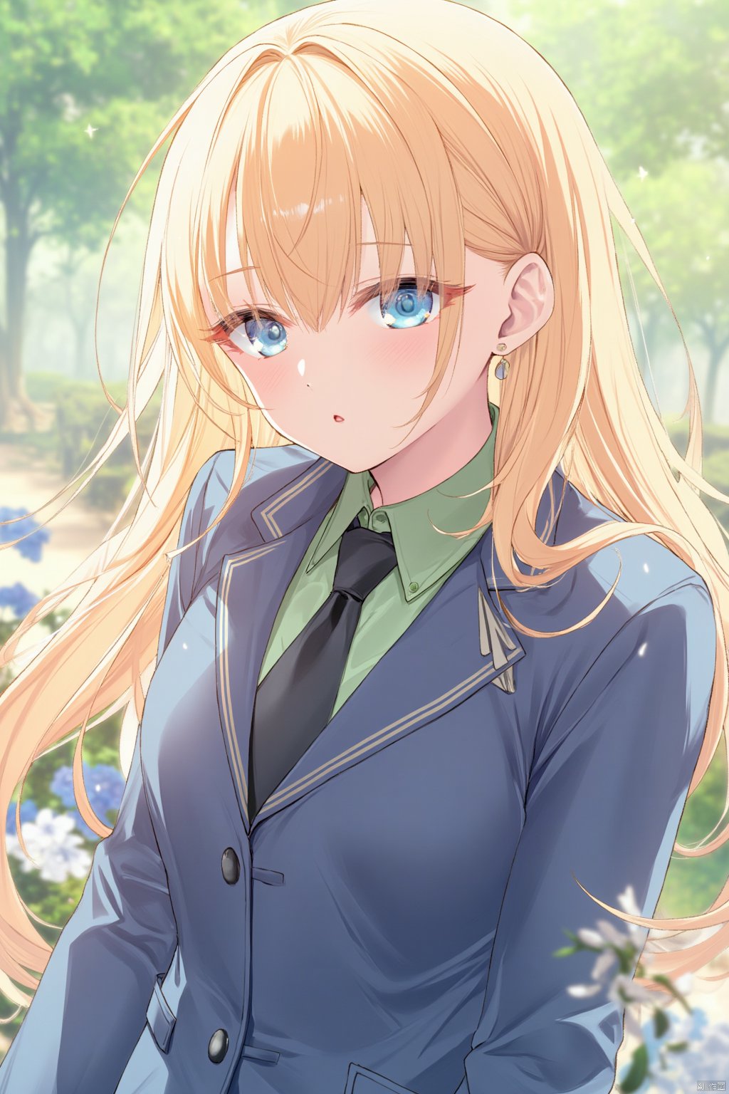 The image is an illustration of a young girl with long blonde hair and blue eyes. She is wearing a blue blazer with a green shirt underneath and a black tie. Her hair is styled in loose waves and falls over her shoulders. She has a serious expression on her face and is looking off to the side. The background is blurred, but it appears to be an outdoor setting with trees and flowers. The overall mood of the image is peaceful and serene.