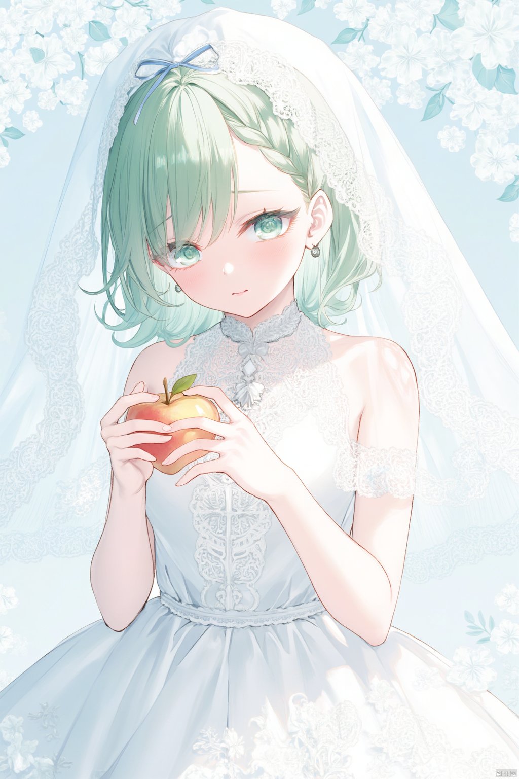 The image is an illustration of a young girl with green hair and blue eyes. She is wearing a white wedding dress with a veil that covers her head and shoulders. The veil is made of white lace and has a blue ribbon tied around it. The girl is holding a small apple in her hands and is looking down at it with a sad expression on her face. The background is a light blue color with white flowers and leaves scattered throughout. The overall mood of the image is melancholic and dreamlike.