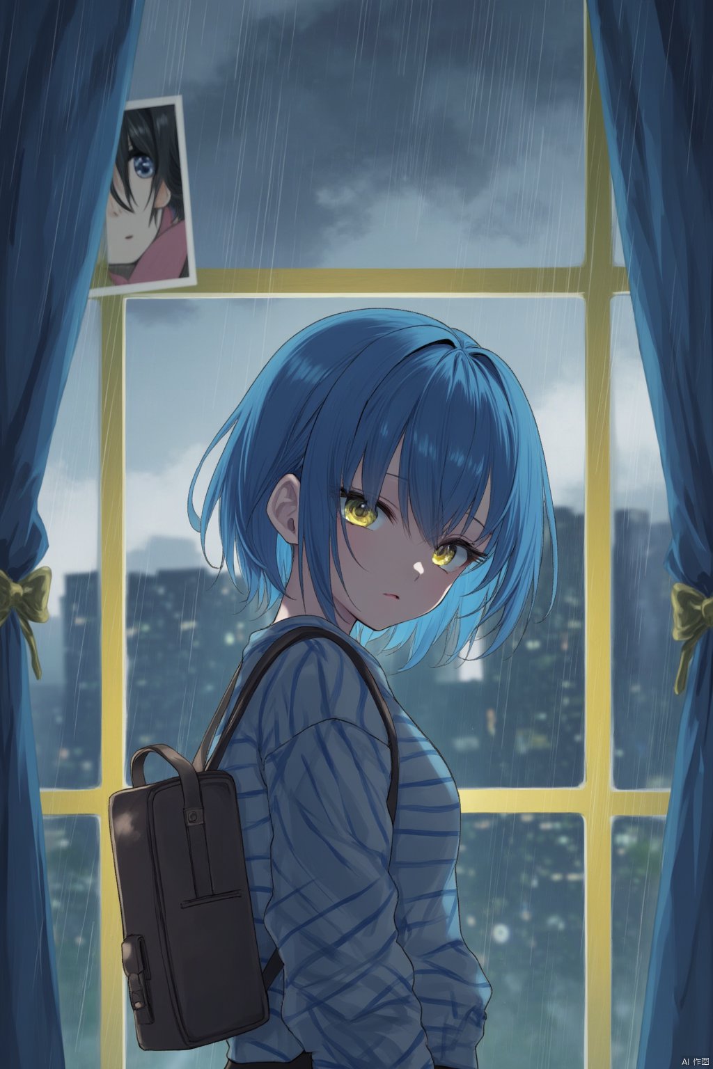 The image is an illustration of a young girl with blue hair and yellow eyes. She is standing in front of a window with a view of a city skyline in the background. The girl is wearing a blue and white striped shirt and has a brown backpack on her shoulder. She has a sad expression on her face and is looking off to the side. The window has a yellow frame with a picture of a girl's face on it. The sky is cloudy and it appears to be raining. The overall mood of the image is gloomy and moody.