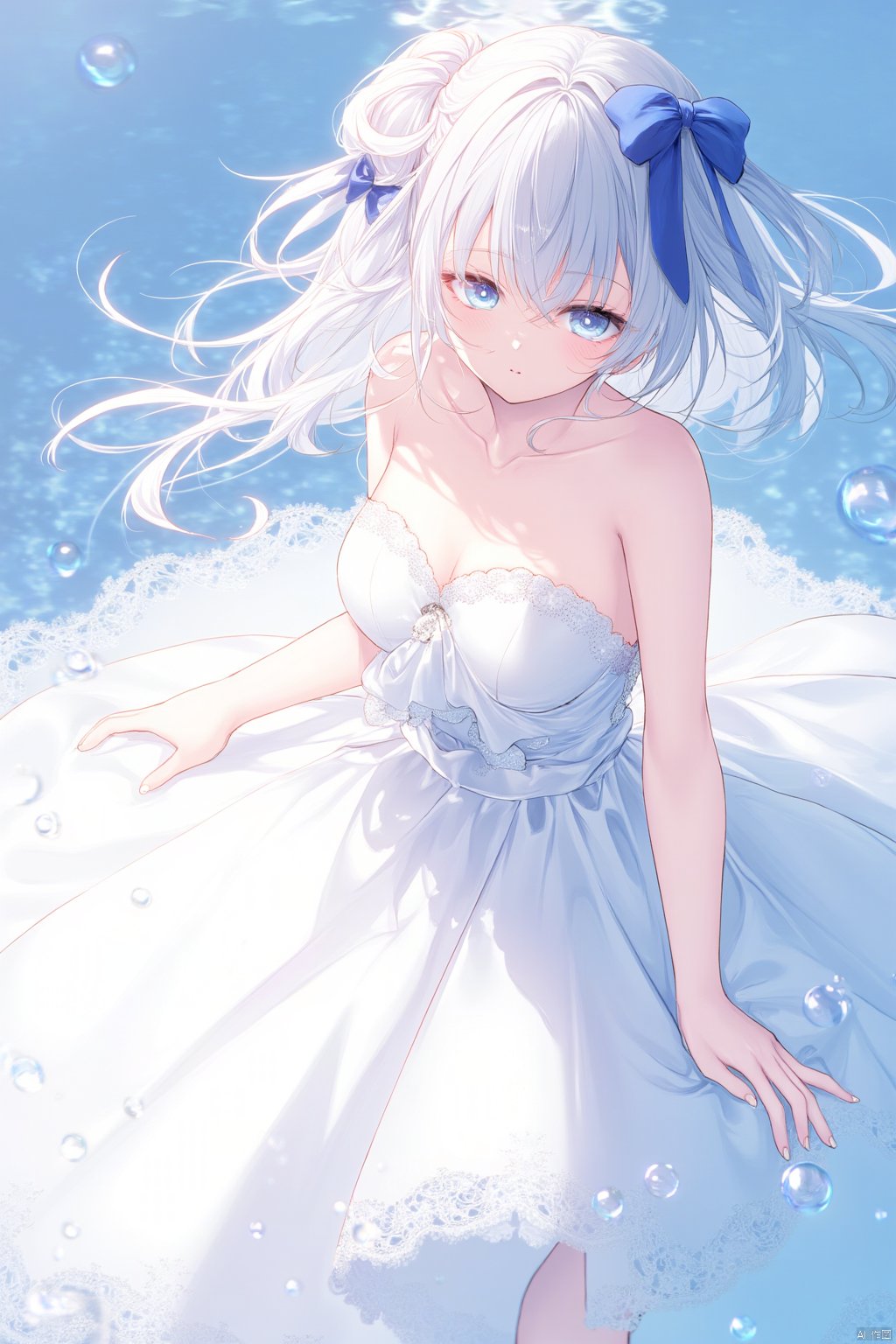 The image is an illustration of a young girl with long white hair and blue eyes. She is wearing a white dress with a blue bow on her head. The dress is strapless and has a sweetheart neckline. The skirt of the dress is full and flows down to the floor. The girl is standing in front of a blue background with bubbles floating around her. She has a serious expression on her face and is looking off to the side. The overall mood of the image is dreamy and ethereal.