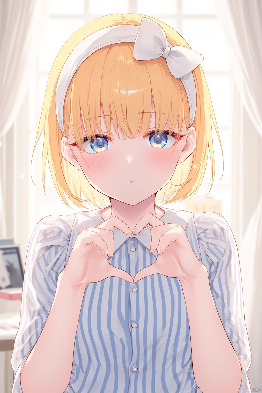 The image is an illustration of a young girl with blonde hair and blue eyes. She is wearing a white headband with a bow on top and a blue and white striped shirt underneath. She has a serious expression on her face and is making a heart shape with her hands. The background is a room with a window and a white curtain. The overall style of the illustration is anime-style.