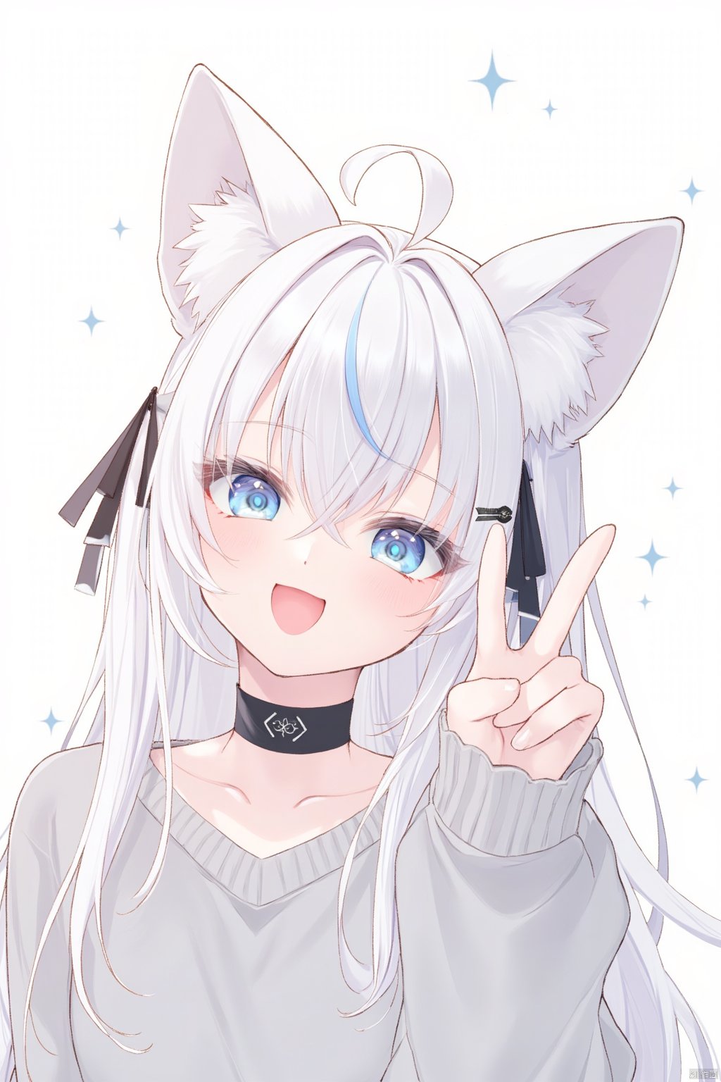 The image is an illustration of a young girl with long white hair and blue eyes. She has two large cat ears on her head, which are attached to her hair with black bows. She is wearing a gray sweater and a black choker necklace. The girl is making a peace sign with her right hand and has a big smile on her face. The background is white with small blue stars scattered around.