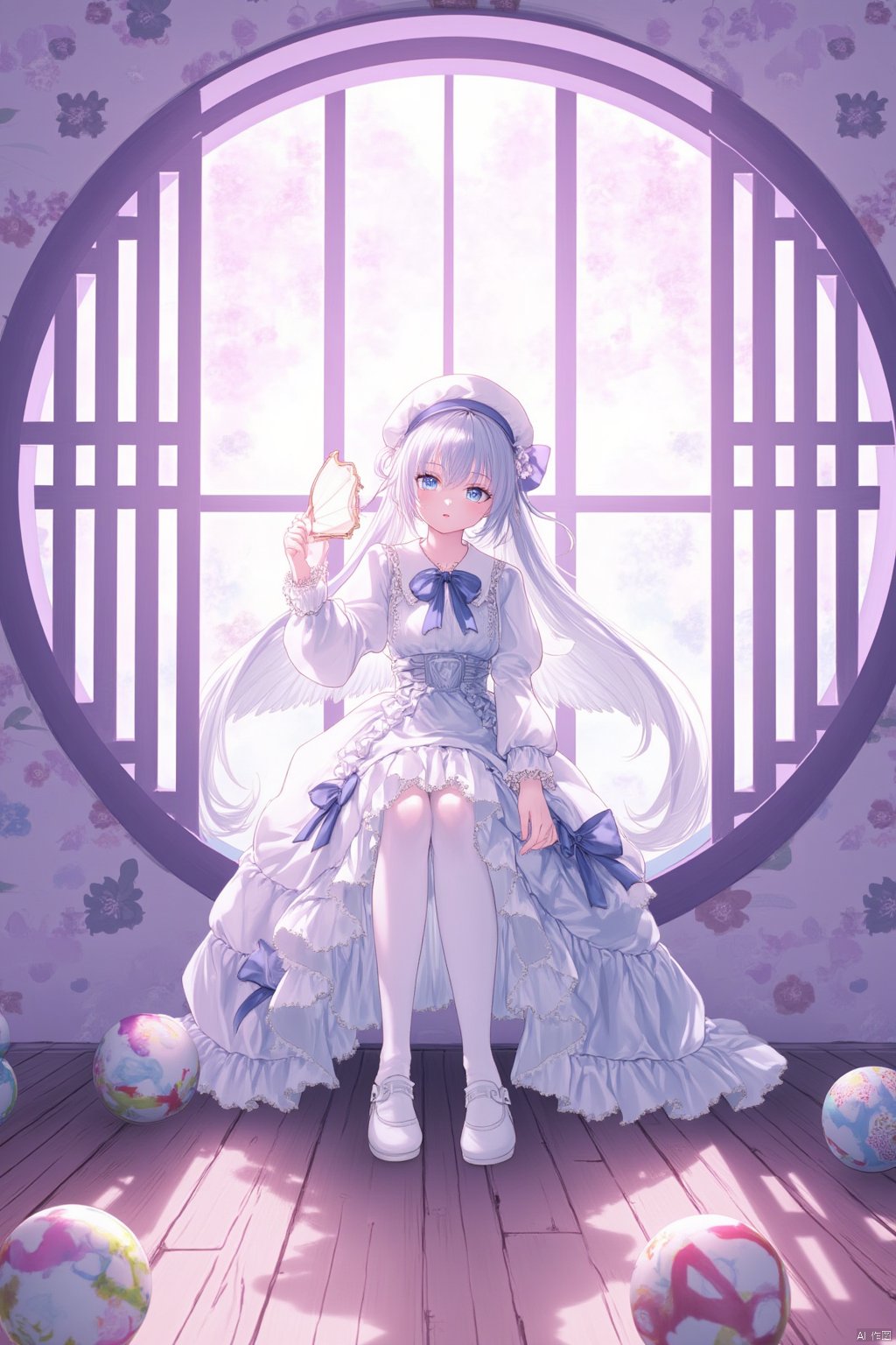 The image is an illustration of a young girl with long white hair and blue eyes sitting on a wooden floor in front of a large circular window. She is wearing a white dress with a blue ribbon tied around her waist and a white hat with a bow on top. The dress has a ruffled skirt and a blue bow on the left side. The girl is holding a white fan in her right hand and is looking off to the side with a peaceful expression on her face. The background is a purple wall with a floral pattern and there are several colorful spheres scattered around the floor. The overall mood of the image is serene and peaceful.