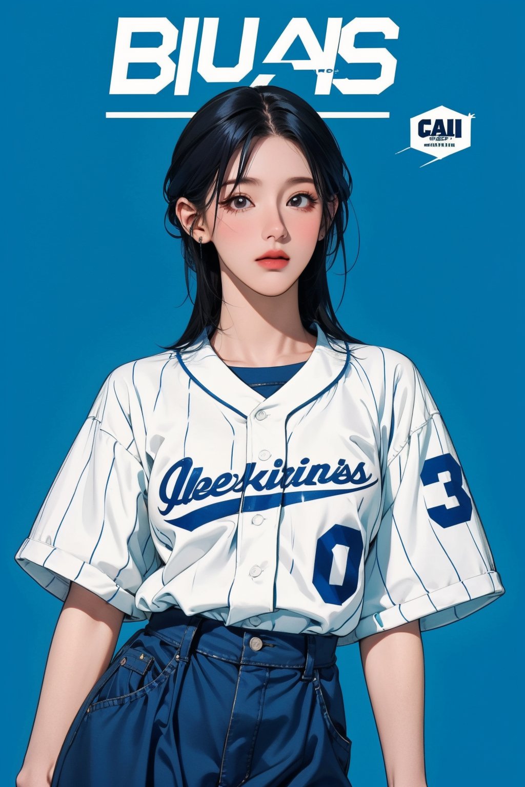 1girl, thigh up, looking at viewer, detailed clothes, baseball girl outfit, accurate color reproduction, best quality, professionally color graded, artwork, blurring effect, professional lighting, sanatw, magazine cover, blue background, jisoo,chimai,miyeon,aespakarina