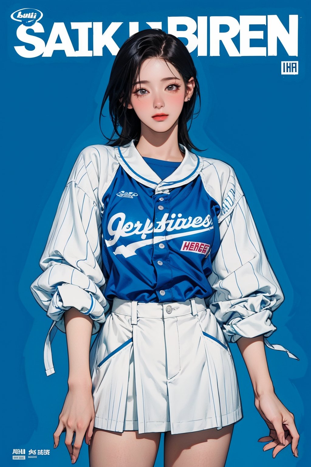 1girl, thigh up, looking at viewer, detailed clothes, baseball girl outfit, accurate color reproduction, best quality, professionally color graded, artwork, blurring effect, professional lighting, sanatw, magazine cover, blue background, jisoo,chimai,miyeon,aespakarina