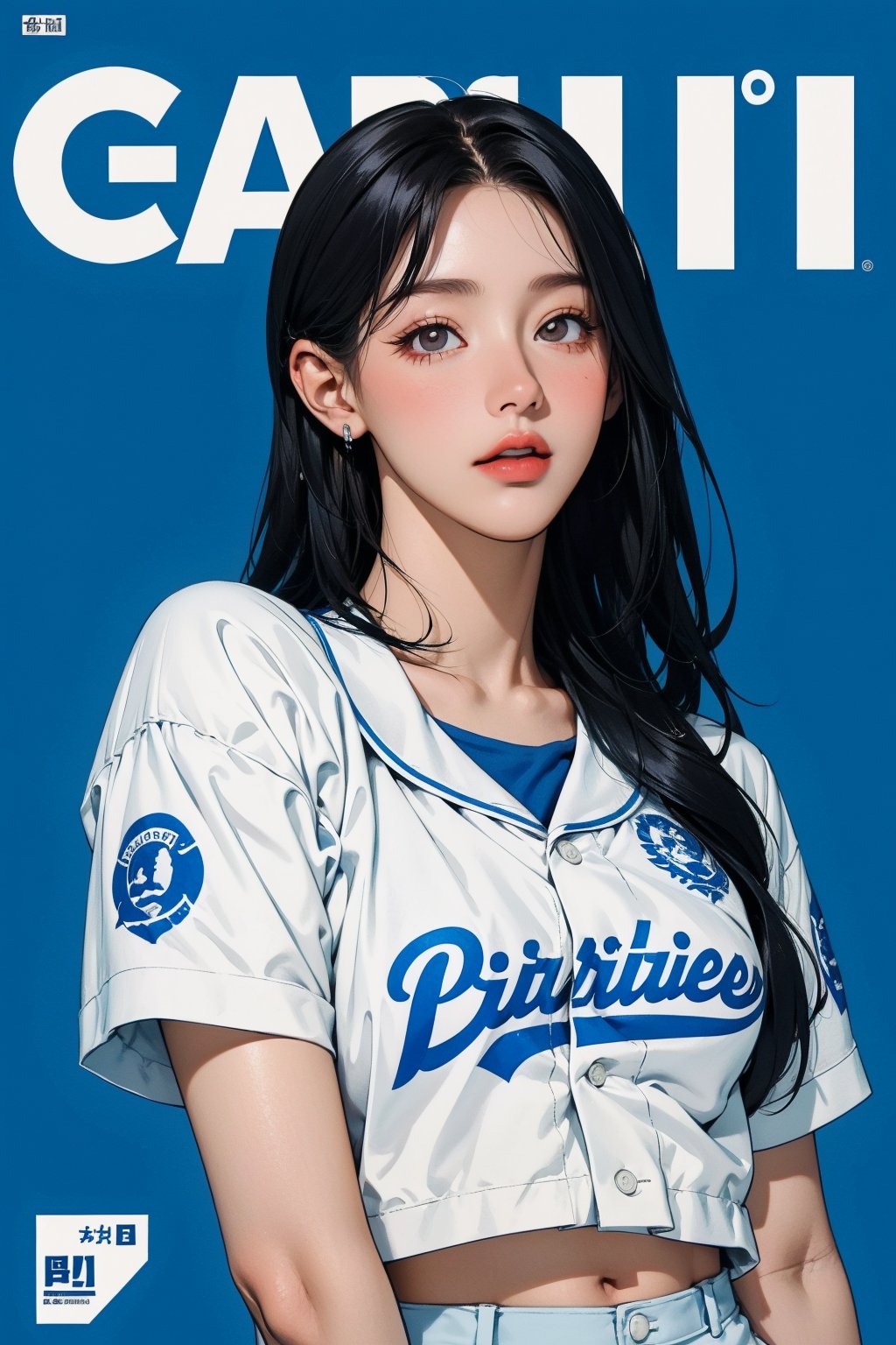 1girl, looking at viewer, detailed clothes, baseball girl outfit, accurate color reproduction, best quality, professionally color graded, artwork, blurring effect, professional lighting, sanatw, magazine cover, blue background, jisoo,chimai,miyeon,aespakarina