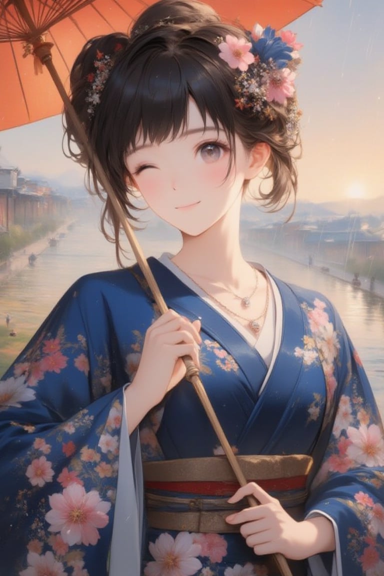 1girl, solo, looking at viewer, fine art parody, oil painting, bangs, closed eyes, black hair, smiling, hair ornament, long sleeves, holding, jewelry, full body, flower, sidelocks, outdoors, parted lips, japanese clothes, hair flower, wide sleeves, kimono, necklace, one elegant hair bun, sash, umbrella, obi, floral print, pink flower, rain, holding umbrella, blue kimono, oil-paper umbrella, stunning image, digital art, professional style, ((masterpiece quality: 2)), close up, attractive image, fine art parody, Anime style, Oil painting style