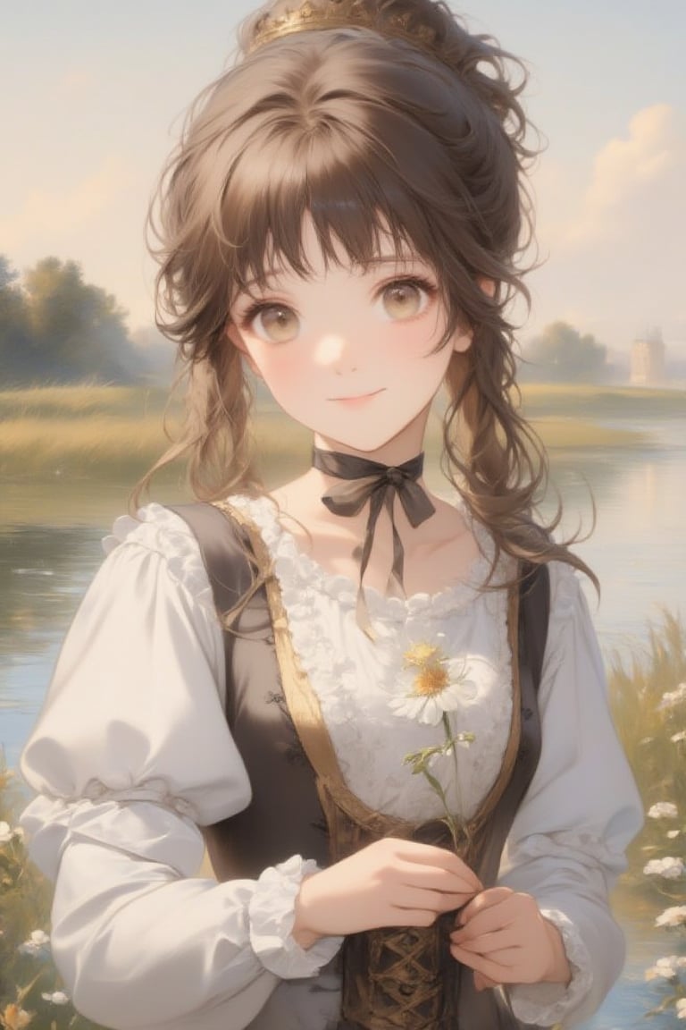 1girl, solo, looking at viewer, smile, bangs, brown hair, long sleeves, dress, ribbon, holding, brown eyes, closed mouth, white shirt, upper body, flower, outdoors, sky, solo focus, water, hair bun, neck ribbon, single hair bun, white flower,Anime style,Oil painting style 