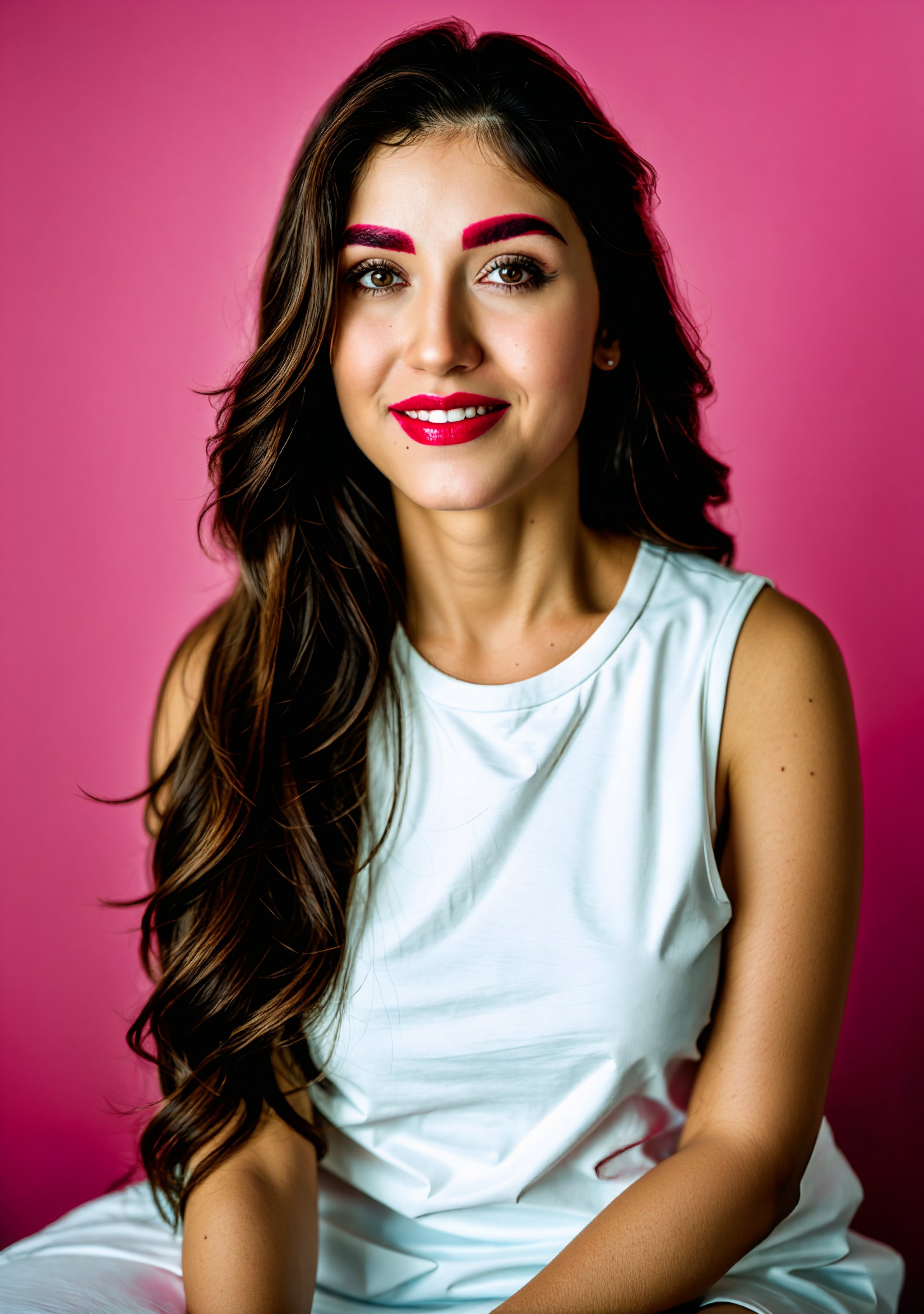 a woman with long brown hair, wearing a white sleeveless dress, is seated on a white box with the letter "D" on it. She is smiling, her lips are painted pink. The background is blurred, creating a stark contrast to the woman's white dress. The woman's shadow is cast on the box, adding a touch of depth to the image.,Details,Texture,Face texture,Eyes details,Face details,Symmetrical face 