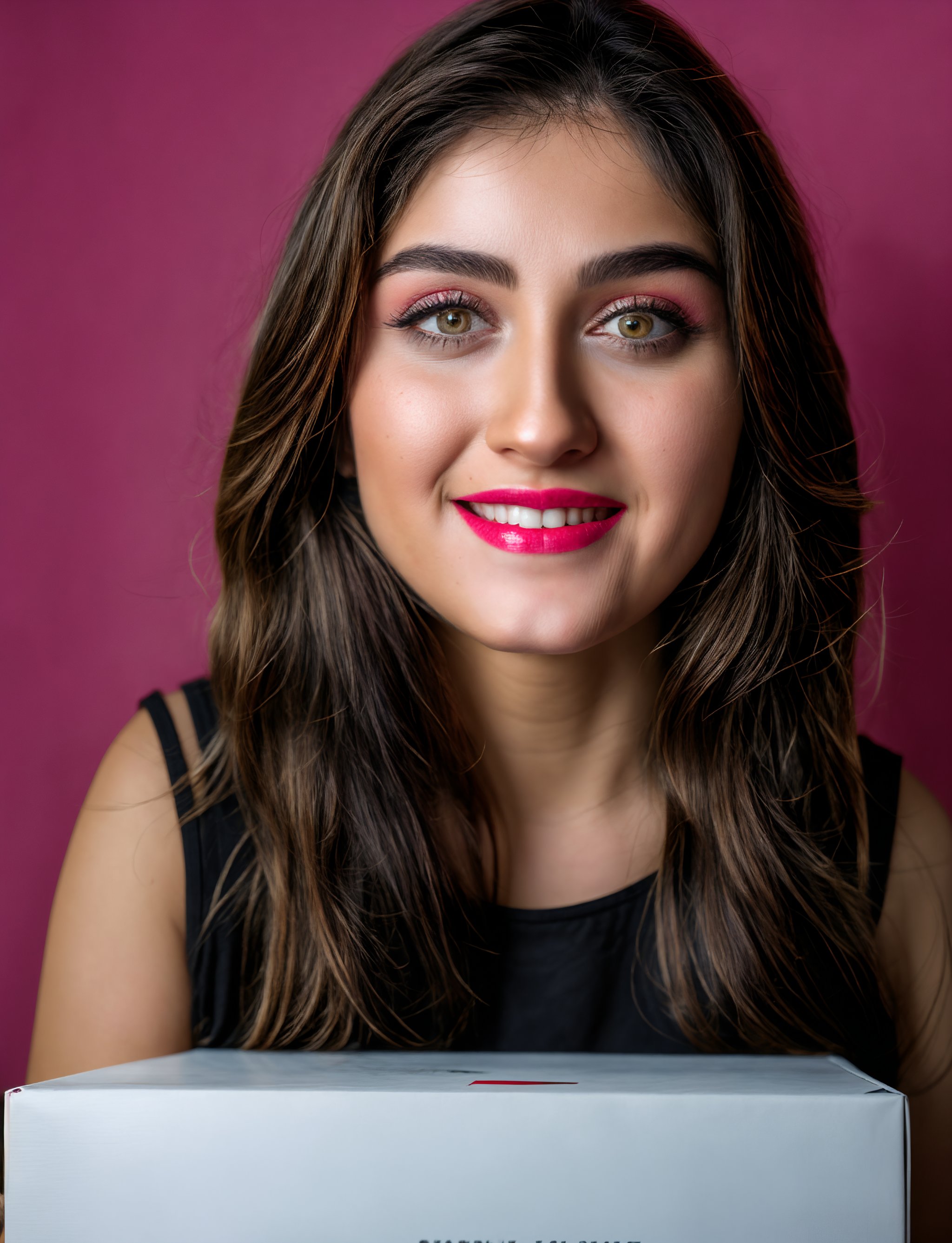 a woman with long brown hair, wearing a white sleeveless dress, is seated on a white box with the letter "D" on it. She is smiling, her lips are painted pink. The background is blurred, creating a stark contrast to the woman's white dress. The woman's shadow is cast on the box, adding a touch of depth to the image.,Details,Texture,Face texture,Eyes details,Face details,Symmetrical face 