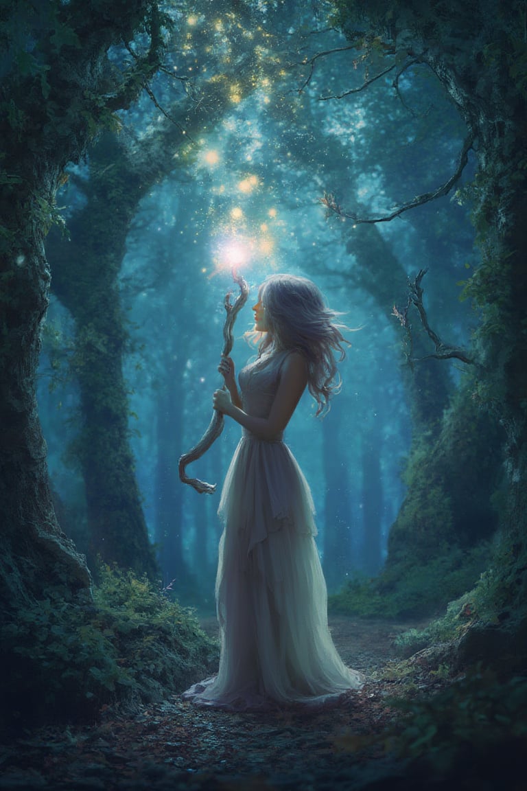 In an enchanted forest, a woman holds a glowing staff, surrounded by shimmering stars in an ethereal digital_painting of celestial beauty.